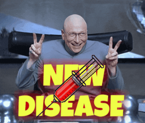 a man giving a peace sign in front of a sign that says " new disease "