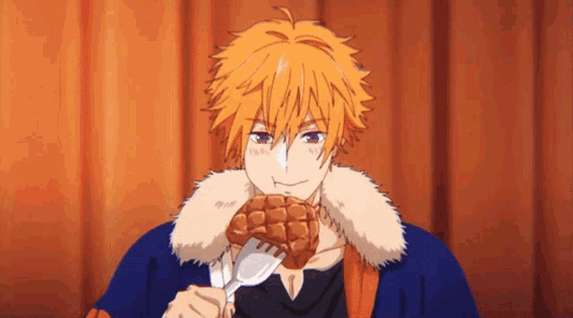 a man with orange hair is eating a piece of food with a fork .