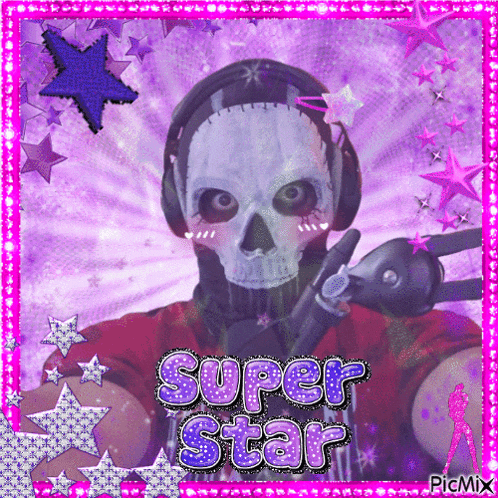 a picture of a skeleton wearing headphones with the words super star on it