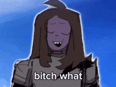 a cartoon character says bitch what in front of a blue sky background