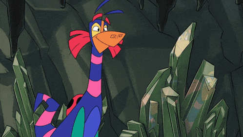 a group of cartoon characters are standing in a cave and one of them is reading a book