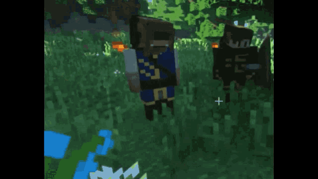 a minecraft character says " was mache ich hier " while standing in the grass