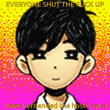 a pixel art of a boy with the words everyone shut the fuck up i have befriended the host 's cat written on it .