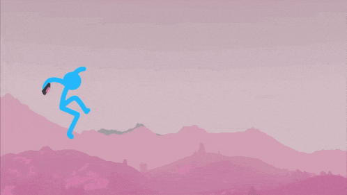 a blue stick figure is jumping in the air with a gun