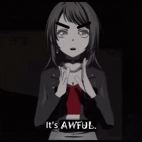 a girl with a choker on her neck and the words it 's awful on the bottom
