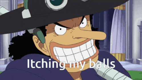a cartoon character with the words itching my balls written below him