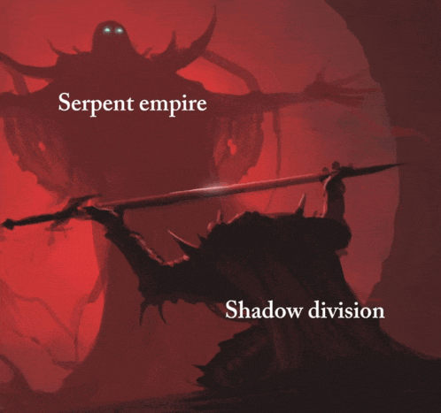 a painting of a knight holding a sword with the words serpent empire and shadow division below him