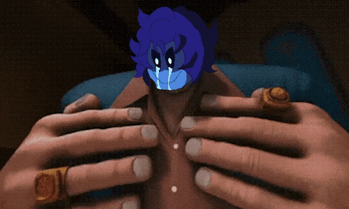 a cartoon character with blue hair is being held by a person