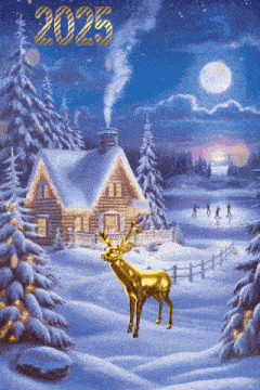 a painting of a deer in front of a house with the year 2025 written on it