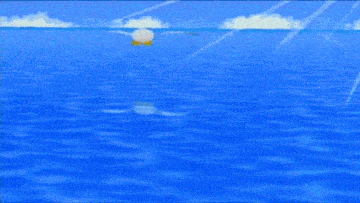 a seagull is flying over the ocean while a penguin is swimming in the water