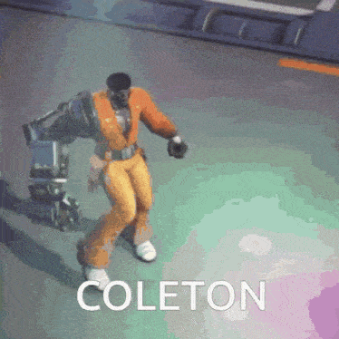 a video game character is dancing and the word coleton is on the screen