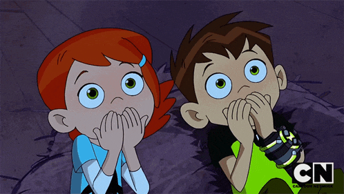 a cartoon of a boy and a girl covering their mouths with their hands with the cn logo in the corner