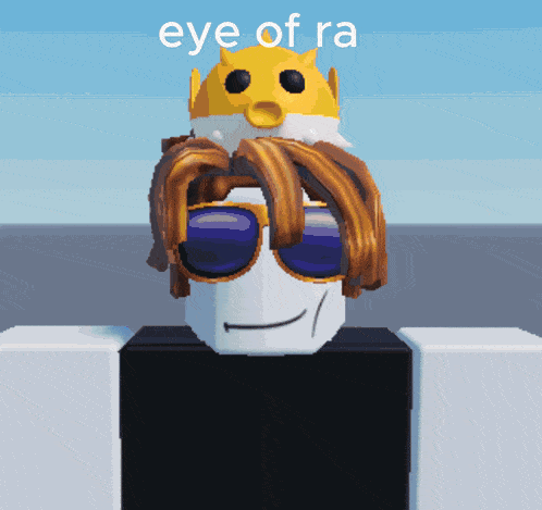 a cartoon character wearing sunglasses and a crown with the words eye of ra above him
