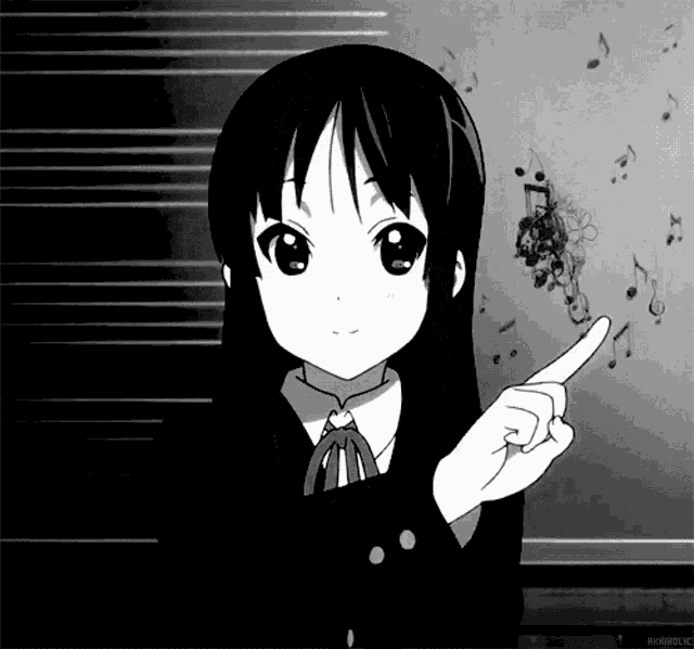 a black and white drawing of a girl pointing at a wall with music notes