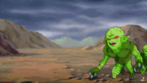 a green cartoon character with red eyes and a green shirt