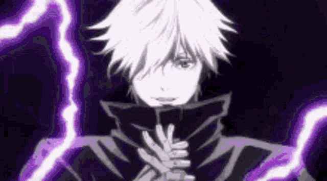 a man with white hair is standing in front of purple lightning .