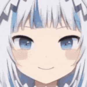 a close up of a anime girl 's face with blue eyes and gray hair .