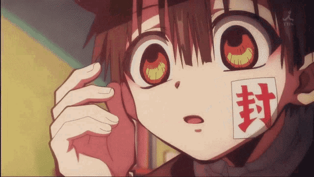a close up of a anime character with chinese characters on his face