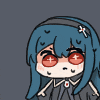 a cartoon of a girl with blue hair and red eyes with a flower in her hair .