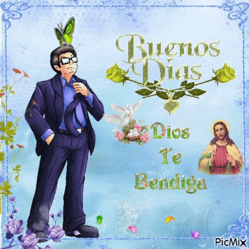 a man in a suit stands in front of a picture of jesus and the words buenos dias dios te bendiga