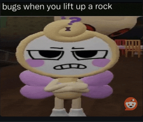 a cartoon character with purple wings has a question mark on his head and says " bugs when you lift up a rock "