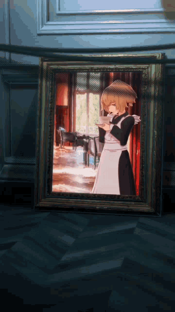 a framed picture of a girl in a maid 's outfit