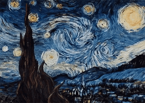 a painting of a starry night sky with a mountain in the foreground