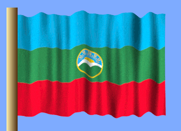 a red green and blue flag with a mountain in the middle of the flag