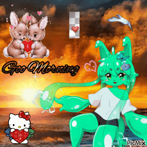 a cartoon says good morning with a hello kitty and two rabbits