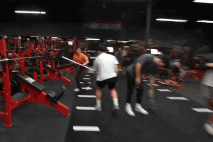 a man and a woman are dancing in a gym that says zoo culture on the wall