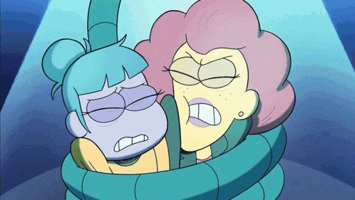 two cartoon characters are tied together and one is purple and the other is pink
