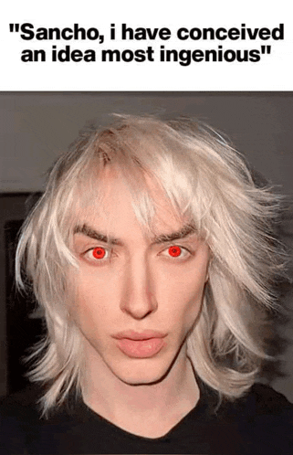 a man with blonde hair has red eyes and says " sancho , i have conceived an idea most ingenious "