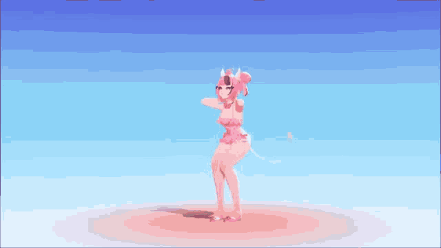 a girl with pink hair and horns is dancing on a sandy beach