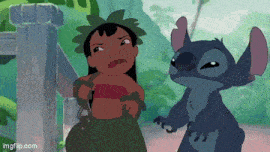 lilo and stitch are standing next to each other in a cartoon scene .