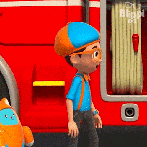 a cartoon boy is standing in front of a fire truck .
