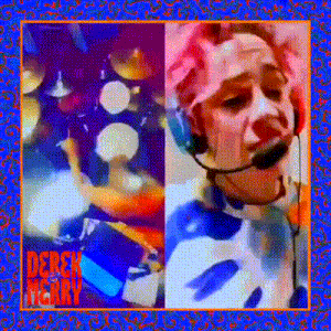 a clown wearing headphones and a microphone with the name derek on the bottom right