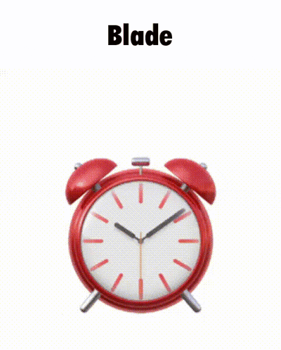 a red alarm clock with the word blade written above it