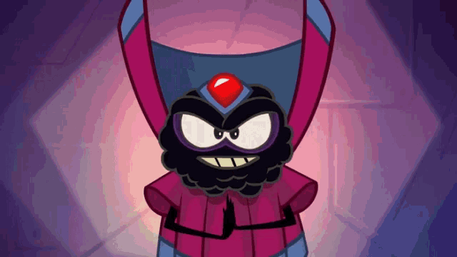 a cartoon character with a beard and a red jewel on his hat