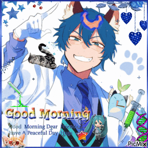 a picture of a boy with a cat and the words good morning dear friends have a peaceful day hugs