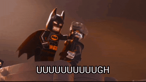 a lego batman is standing next to another lego batman and the words uuuuuuuugh are above them