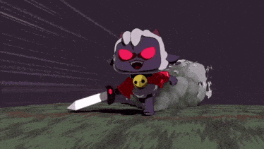 a cartoon character with red eyes and a sword
