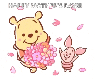 winnie the pooh and piglet are celebrating mother 's day with a bouquet of pink flowers .