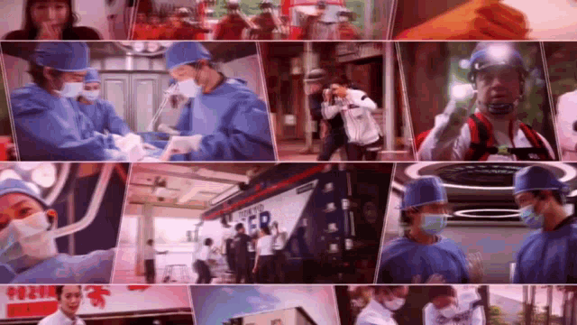 a collage of images shows a man in a blue surgical gown