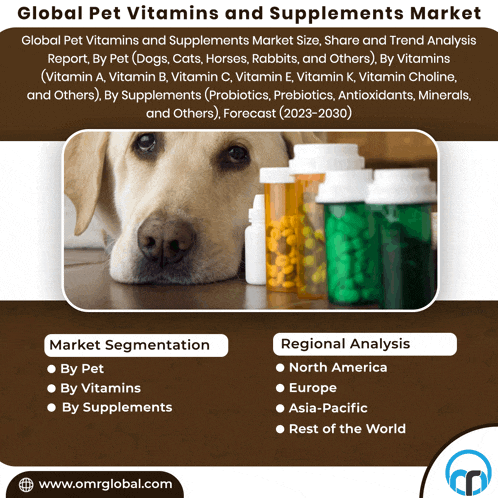 an advertisement for global pet vitamins and supplements market with a dog