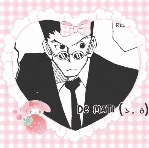 a black and white drawing of a man in a suit and tie with a pink bow and the words de mati below him