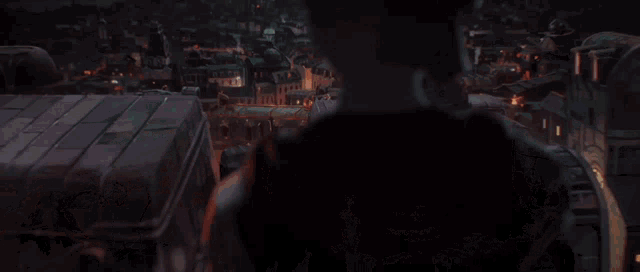 a person standing on top of a roof looking at a city at night