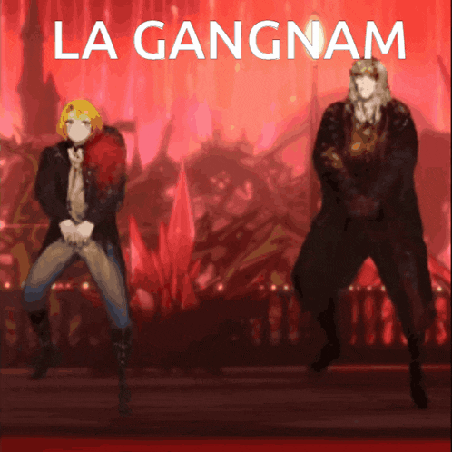 two people are dancing in front of a red background with the words la gangnam on it