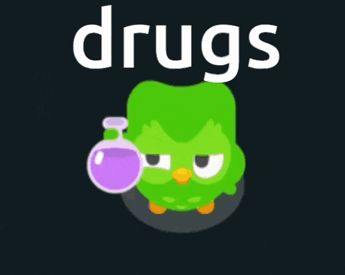 a green cartoon character with purple bubbles and the word drugs above it
