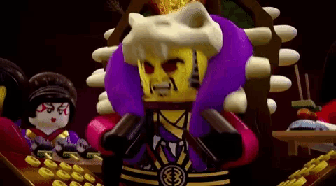 a lego figure with a skull on his head is standing next to a geisha