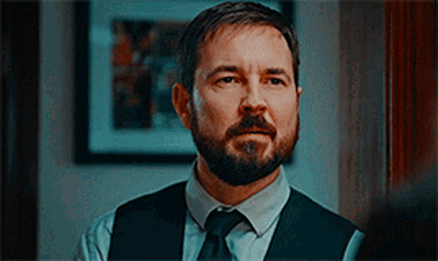 a man with a beard wearing a vest and tie looks at the camera .